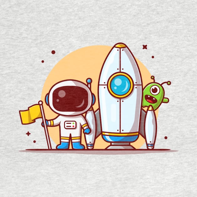 Cute Astronaut Standing Holding Flag with Rocket and Cute Alien Space Cartoon Vector Icon Illustration by Catalyst Labs